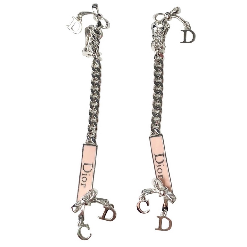 Auth Vtg Christian Dior Silver Long Chain Pink Enamel Nameplate Logo Earrings
